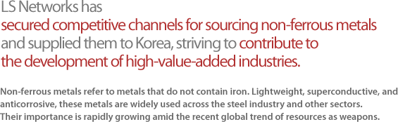 LS Networks has secured competitive channels for sourcing non-ferrous metals and supplied them to Korea, striving to contribute to the development of high-value-added industries.